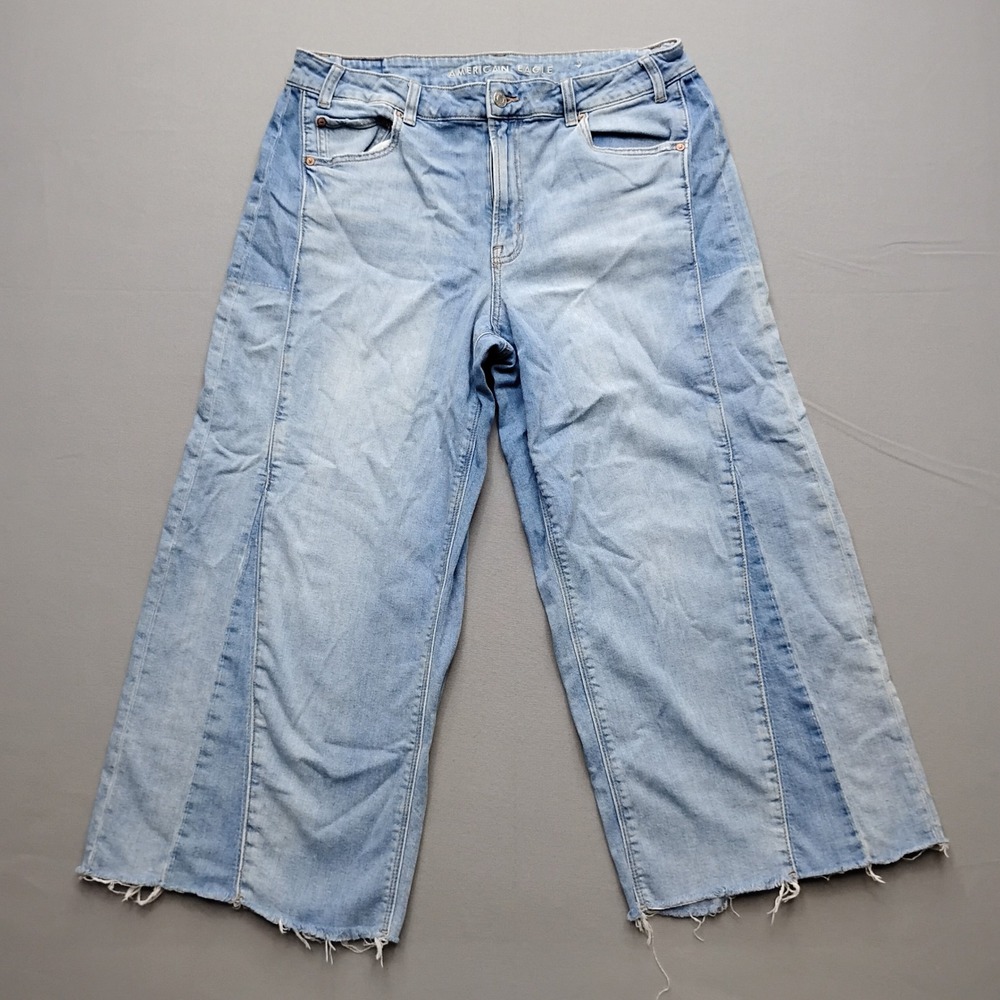 American Eagle Low-Rise Baggy Wide Leg Jeans Womens 14 XShort Light Wash Raw Hem